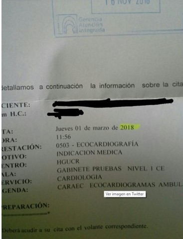 El hospital de Ciudad Real está dando citas para pruebas de carácter urgente para marzo de 2018