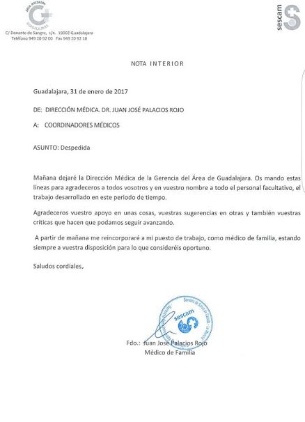 EL DIGITAL se ha hecho con la carta de despedida del director gerente del Área Médica de Guadalajara