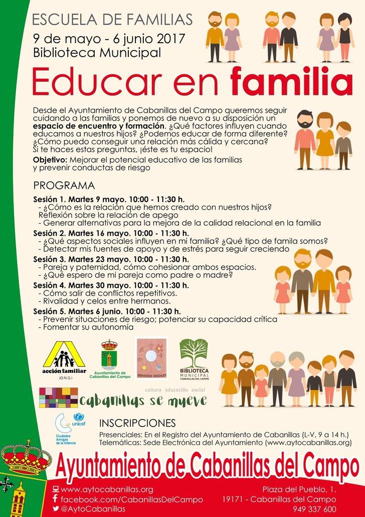 Los Servicios Sociales Municipales lanzan una nueva edición de la Escuela de Familias de Cabanillas