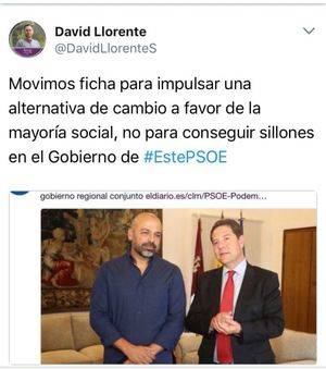 El podemita de Guadalajara David Llorente reacciona : "Movimos ficha para impulsar una alternativa de cambio a favor de la mayoría social, no para conseguir sillones en el Gobierno de #EstePSOE"
