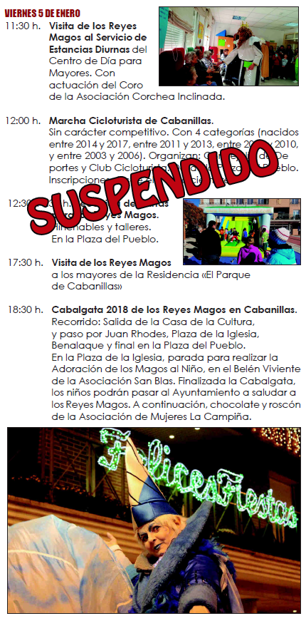 AVISO URGENTE: Cambios en el Programa de Cabanillas del 5 de enero por las previsiones meteorológicas