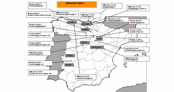 De los hechos esclarecidos hasta el momento, seis se cometieron en Soria, cinco en Cantabria, tres en Burgos, dos en Extremadura, uno en Asturias, uno en Segovia y otro en Guadalajara.