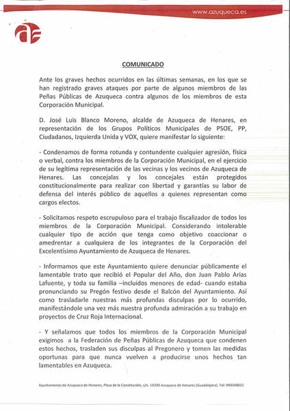 Comunicado del Ayuntamiento de Azuqueca ante los graves hechos ocurridos con las Peñas Públicas del municipio
