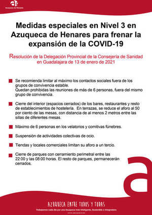 Debido a la incidencia acumulada de contagios de coronavirus (414,2 casos/100.000 habitantes), Sanidad decreta MEDIDAS ESPECIALES nivel 3 para Azuqueca