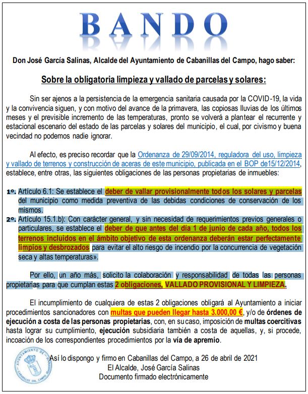 Bando de la Alcaldía de Cabanillas : Se recuerda la obligación de desbrozar y vallar parcelas particulares