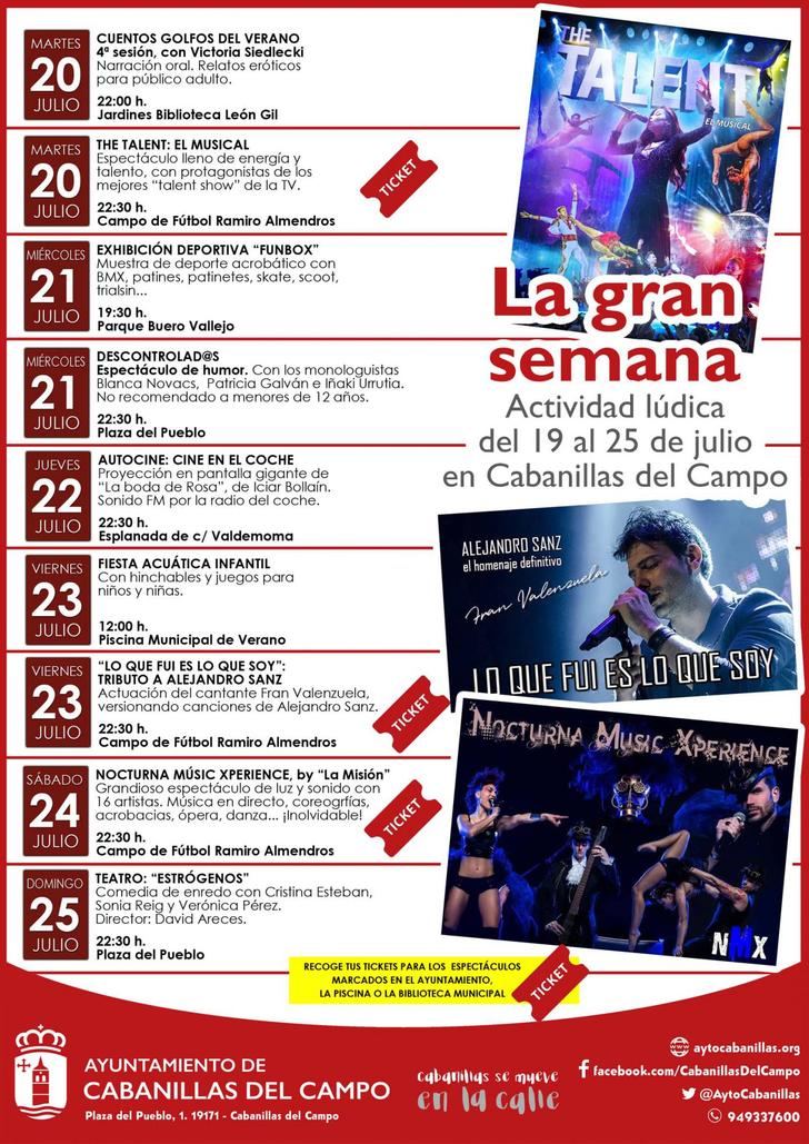 Del 19 al 25 de julio, semana de grandes espectáculos en el programa sociocultural del verano en Cabanillas