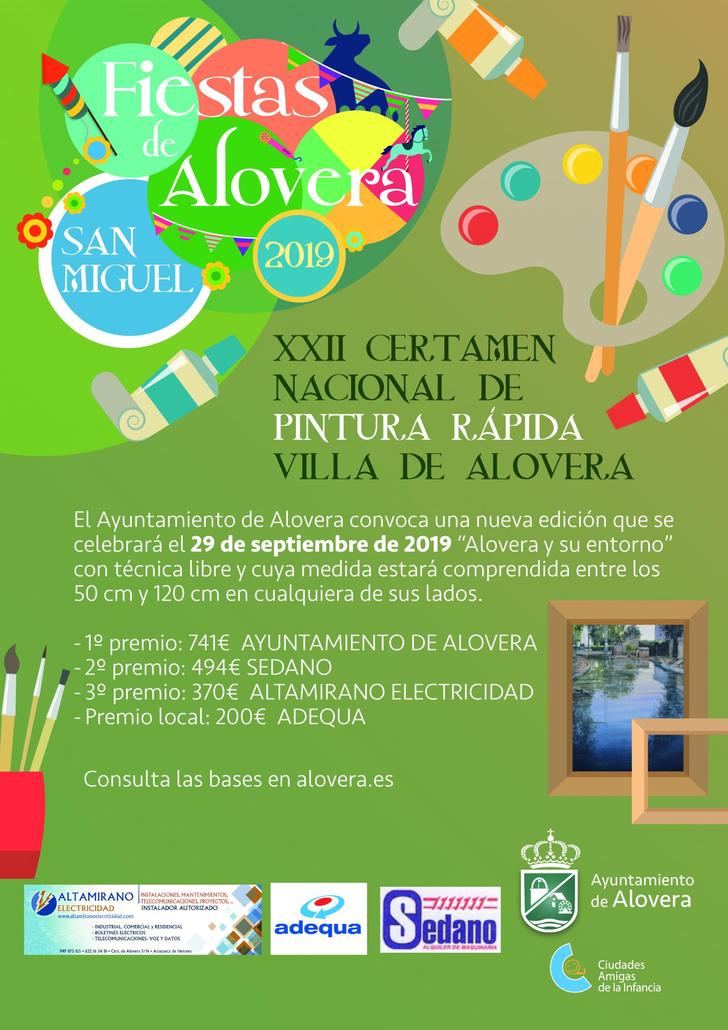 El Ayuntamiento de Alovera convoca el XXII Certamen Nacional de Pintura Rápida al aire libre Villa de Alovera se celebrará el domingo 29 septiembre