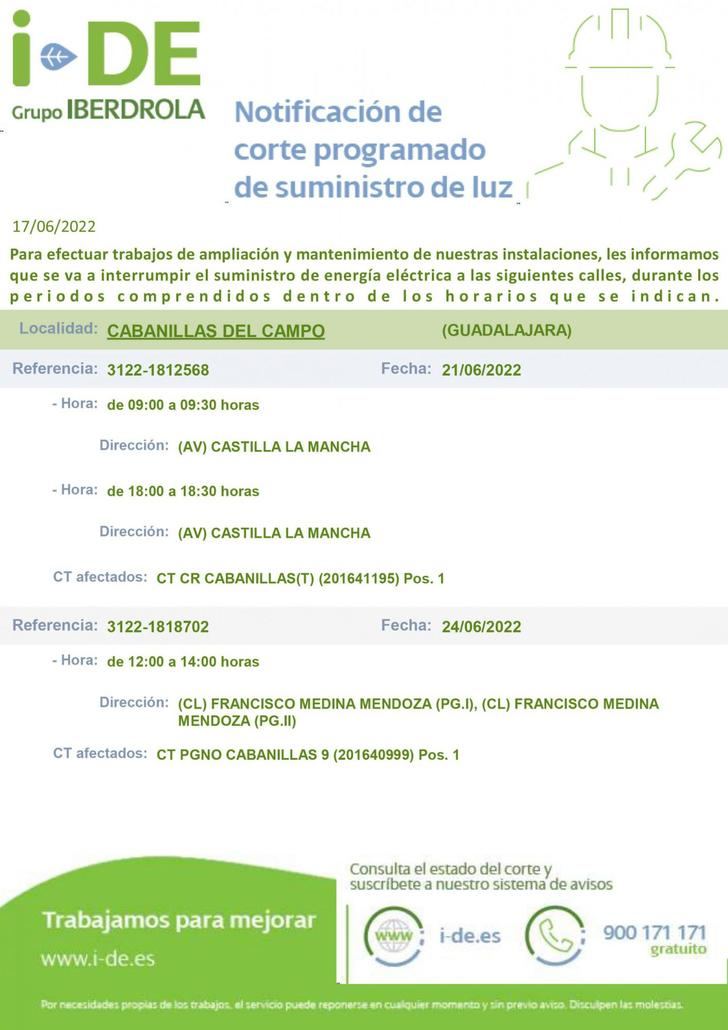 Cortes programados de electricidad en los Polígonos de Cabanillas los días 21 y 24 de junio