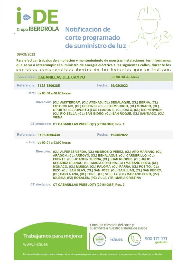 Cortes de suministro eléctrico en Cabanillas