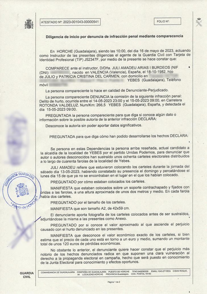 Unidas Podemos denuncia el robo de prácticamente todos sus carteles electorales en Las Avenidas, San Bartolomé y el casco histórico de Yebes