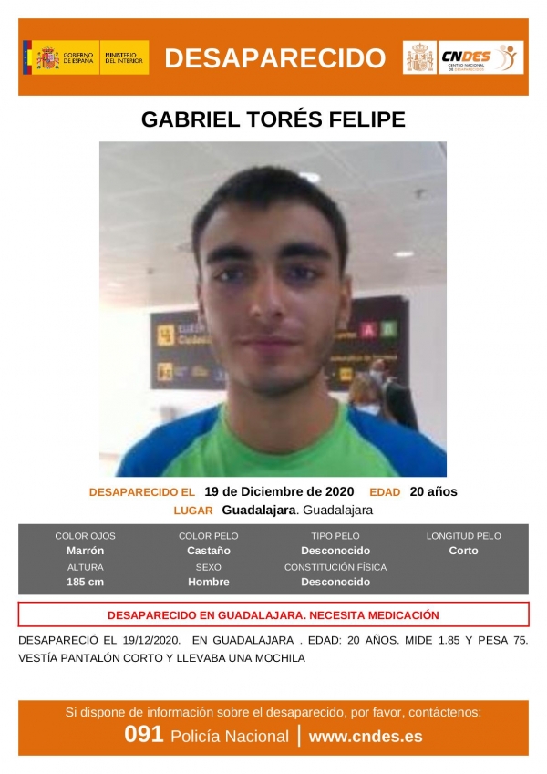  La Policia Nacional pide colaboración para localizar a un joven de 20 años desaparecido en Guadalajara
