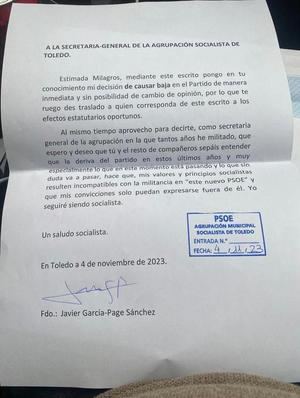El hermano gemelo de Page causa baja del PSOE por considerar incompatibles sus principios con la deriva del partido