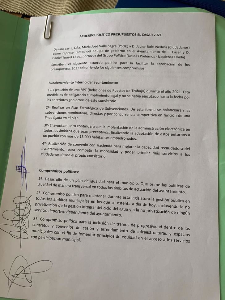 Unidas Podemos Izquierda Unida en el municipio de El Casar llega a un acuerdo con el equipo de gobierno para facilitar la aprobación de los presupuestos 