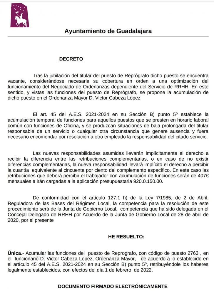 Denuncian que el alcalde Alberto Rojo nombra ahora al ex viceportavoz del PSOE "jefe de las fotocopias" del Ayuntamiento de Guadalajara y le "premia" con 407 euros al mes 