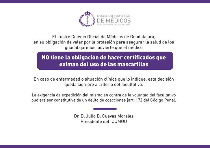 El ICOMGU recuerda: el médico no tiene la obligación de hacer certificados que eximan del uso de las mascarillas