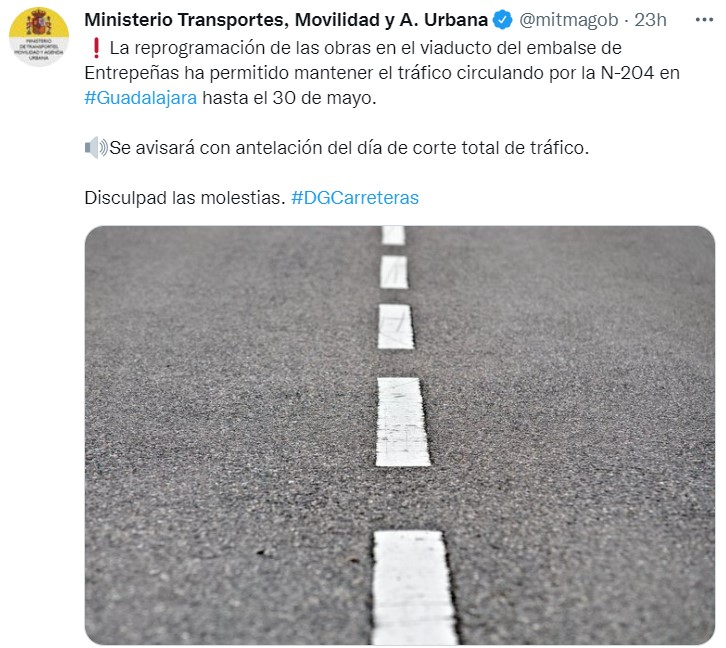 Información sobre afectación al tráfico de obras de reparación del viaducto de Entrepeñas en la N-204