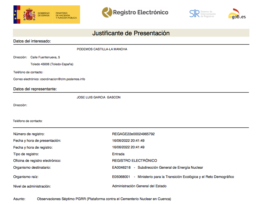 Podemos CLM presenta alegaciones contra el plan de residuos radiactivos porque la región tiene que estar libre del cementerio nuclear