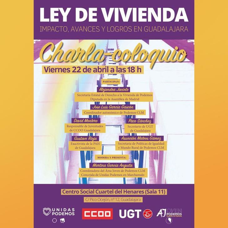 El coordinador autonómico de Podemos participó este viernes junto a la responsable de Vivienda estatal, Alejandra Jacinto, en una conferencia sobre vivienda y juventud en Guadalajara