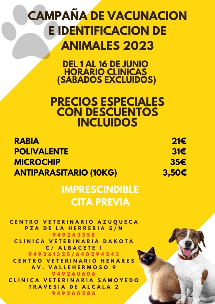 Del 1 al 16 de junio, se desarrollará la campaña de vacunación e identificación de mascotas en Azuqueca