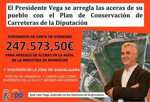El PP reta a Vega para que ponga en marcha en la Diptuación de Guadalajara un Plan de Arreglo de Travesías y así todos los municipios tengan las MISMAS oportunidades que el suyo