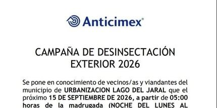 Desinsectación programada en Lago del Jaral para el 15 de septiembre de 2026