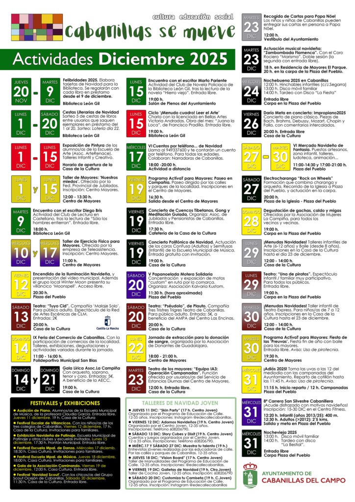 Actividades socioculturales en Cabanillas para diciembre de 2025