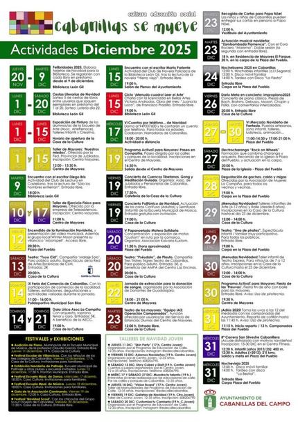 Actividades socioculturales en Cabanillas para diciembre de 2025
