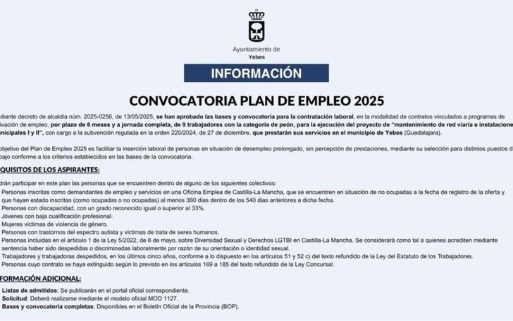 Lanzan convocatoria para el Plan de Empleo 2025 en Yebes