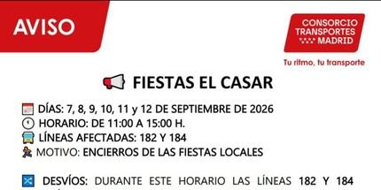 Modificaciones en las líneas de autobús 182 y 184 durante las fiestas de El Casar 2026