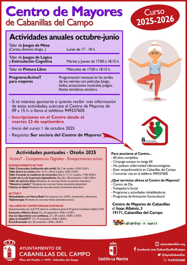 Inscripciones abiertas para actividades del Centro de Mayores de Cabanillas 2025-2026