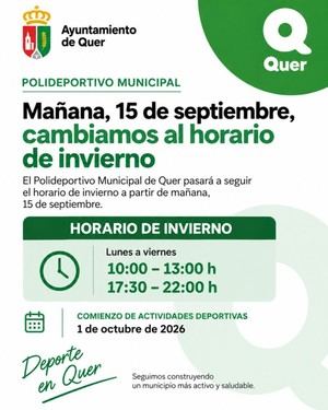 El Polideportivo de Quer inicia su horario de invierno el 15 de septiembre