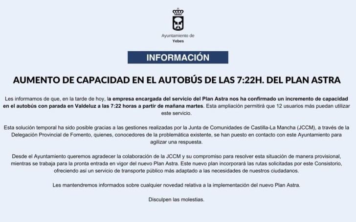 Aumenta la capacidad del autobús de las 7:22h en el Plan Astra