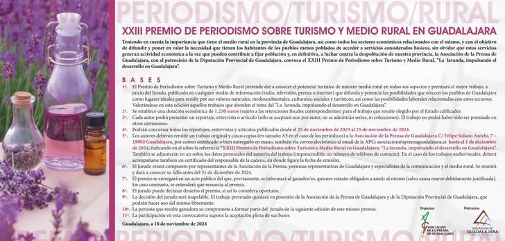 La Asociación de la Prensa de Guadalajara y la Diputación Provincial, convocan el XXIII Premio de Periodismo sobre Turismo y Medio Rural, La lavanda, impulsando el desarrollo en Guadalajara