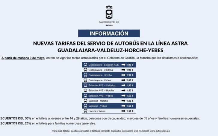 Actualización de tarifas del autobús en la línea ASTRA de Guadalajara a Valdeluz y Horche