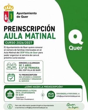 Quer inicia preinscripción para el Aula Matinal del CEIP Villa de Quer 2026-2027