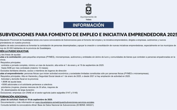 Convocan subvenciones 2025 para empleo y emprendimiento en Guadalajara